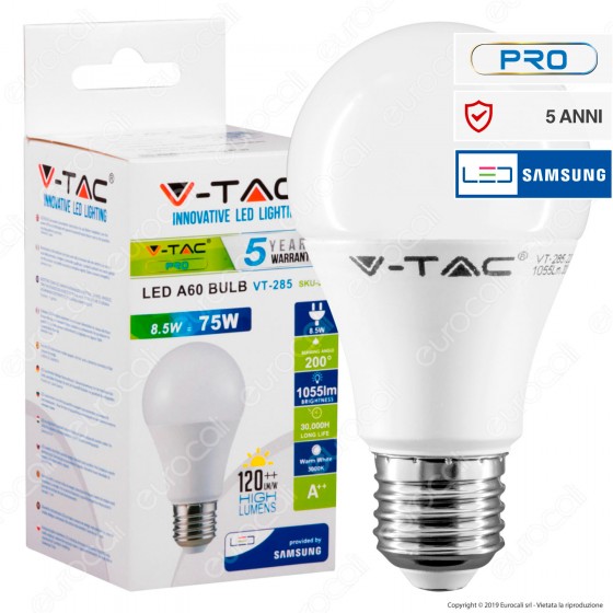 V-Tac PRO VT-285 Lampadina LED E27 8,5W Bulb A60 Chip Samsung - SKU V-Tac PRO VT-285 Lampadina LED E27 8,5W Bulb A60 Chip Samsung - SKU