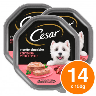 Cesar Ricette Classiche Cibo per Cani con Vitello e Pollo - 14 Vaschette da 150g