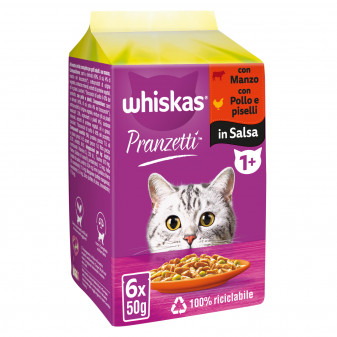 Whiskas Cibo per Gatti Pranzetti in Salsa Carni e Verdure - 6 Bustine da 50g