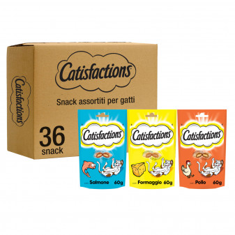 Catisfactions Kit Snack per Gatti 3 Gusti Salmone Formaggio Pollo -  36 Bustine