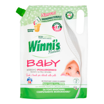 Winni's Naturel Baby 2in1 Detersivo e Ammorbidente Ipoallergenico per Lavatrice e Bucato a Mano 16 Lavaggi - Busta da 800ml