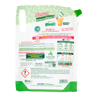 Winni's Naturel Baby 2in1 Detersivo e Ammorbidente Ipoallergenico per Lavatrice e Bucato a Mano 16 Lavaggi - Busta da 800ml