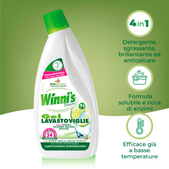 Winni's Naturel Gel Lavastoviglie al Limone Formula 4in1 24 Lavaggi - Flacone da 600ml