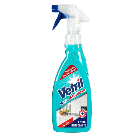 Vetril Vetri e Multiuso Igienizzante Spray con Alcool e Tecnologia Asciuga Rapido - Flacone da 650ml