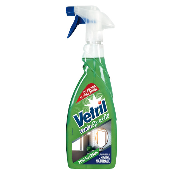 Vetril Vetri e Specchi Detergente Spray Zero Allergeni con Ingredienti di Origine Naturale Asciugatura Rapida - Flacone da 650ml