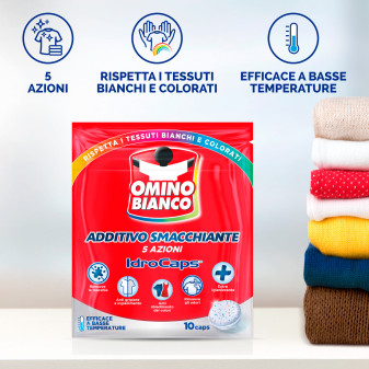 Omino Additivo Smacchiante 5 Azioni IdroCaps per Tessuti Bianchi e Colorati - Confezione da 10 Capsule