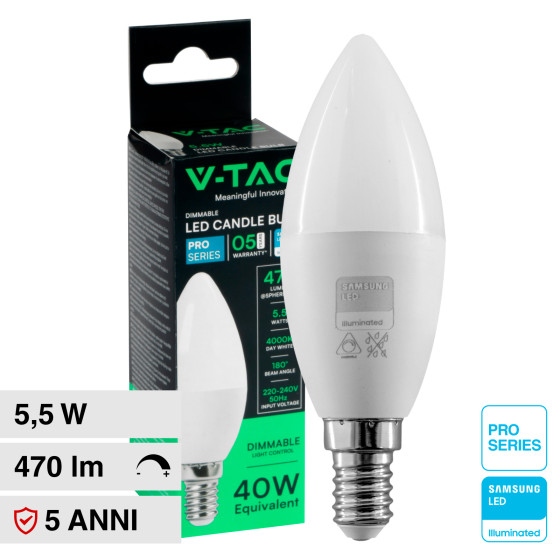 VT-293D Lampadina LED E14 5,5W Candle Chip Samsung V-Tac Pro VT-293D Lampadina LED E14 5,5W Candle Chip Samsung V-Tac Pro