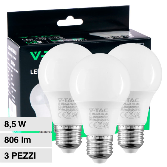 VT-1900 Super Saver Pack 3 Lampadine LED E27 A60 8,5W V-Tac VT-1900 Super Saver Pack 3 Lampadine LED E27 A60 8,5W V-Tac
