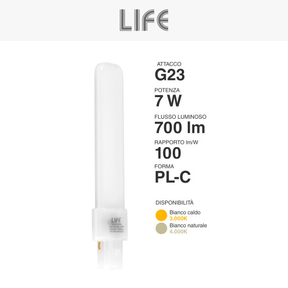 Lampada LED SMD Tower PL-C da 7W attacco G23 a 2 Pin Life Lampada LED SMD Tower PL-C da 7W attacco G23 a 2 Pin Life