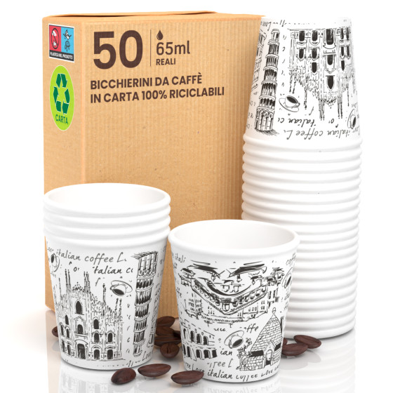 50 Bicchierini da Caffè in Carta Bio Italy White da 65ml 50 Bicchierini da Caffè in Carta Bio Italy White da 65ml