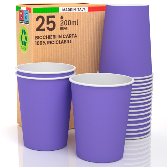 25 Bicchieri in Carta Biodegradabile Viola da 200ml 25 Bicchieri in Carta Biodegradabile Viola da 200ml