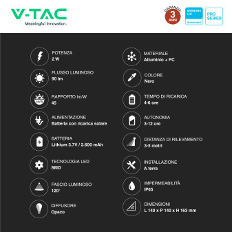 VT-11022 Lampada LED Giardino 2W IP65 Sensore V-Tac