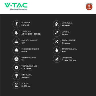 VT-2963 Lampada LED da Parete Doppia Sorgente 3W+6W V-Tac