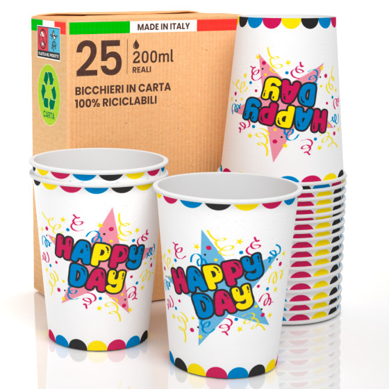 25 Bicchieri in Carta Biodegradabile Fantasia Happy Day da 200ml 25 Bicchieri in Carta Biodegradabile Fantasia Happy Day da 200ml