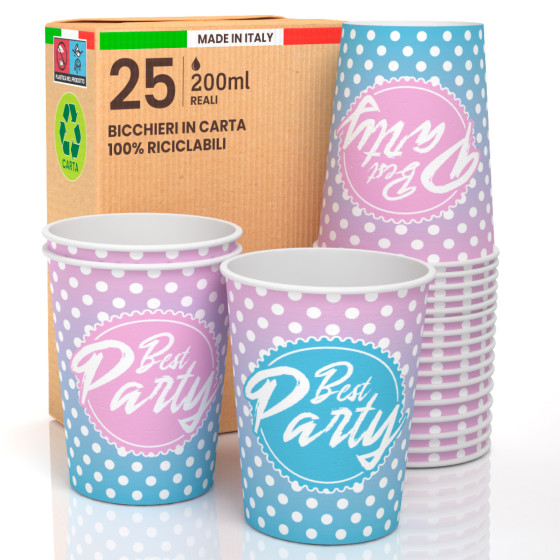 25 Bicchieri in Carta Biodegradabile Fantasia Best Party da 200ml 25 Bicchieri in Carta Biodegradabile Fantasia Best Party da 200ml