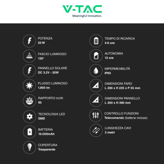 VT-180W Faro LED 20W Bianco Pannello Solare Telecomando V-Tac