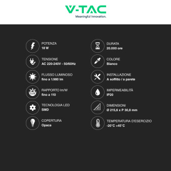VT-60018 Mini Pannello LED Rotondo 18W SMD da Parete V-Tac
