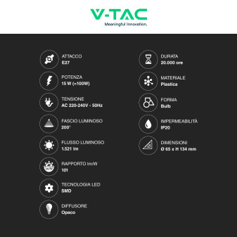 VT-2015 Lampadina LED E27 15W Bulb A65 Goccia SMD V-Tac