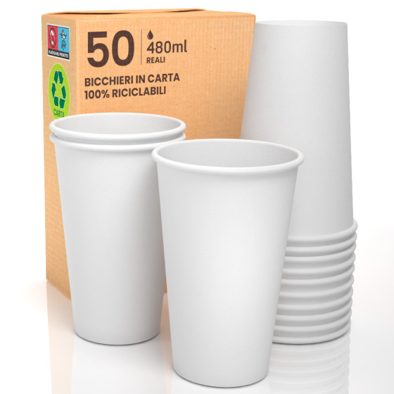 50 Bicchieri in Carta Biodegradabile Bianco da 480ml 50 Bicchieri in Carta Biodegradabile Bianco da 480ml