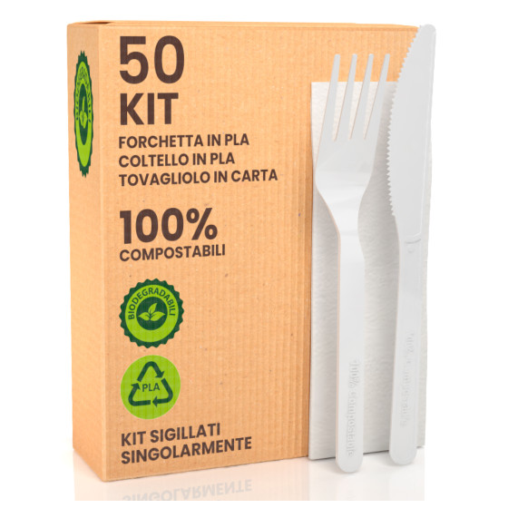 50 Set di Posate Ecologico Forchetta Coltello Tovagliolo PLA 50 Set di Posate Ecologico Forchetta Coltello Tovagliolo PLA