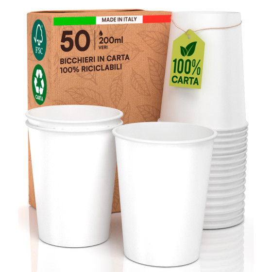 50 Bicchieri in 100% Carta Biodegradabile Bianco da 200ml 50 Bicchieri in 100% Carta Biodegradabile Bianco da 200ml