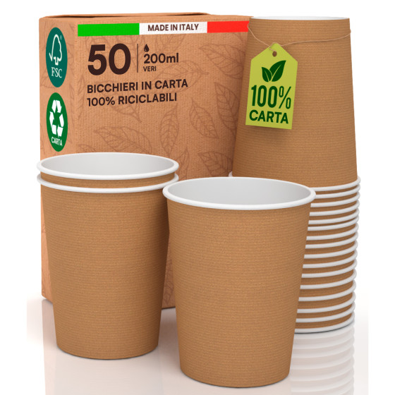 50 Bicchieri in 100% Carta Biodegradabile Avana da 200ml 50 Bicchieri in 100% Carta Biodegradabile Avana da 200ml