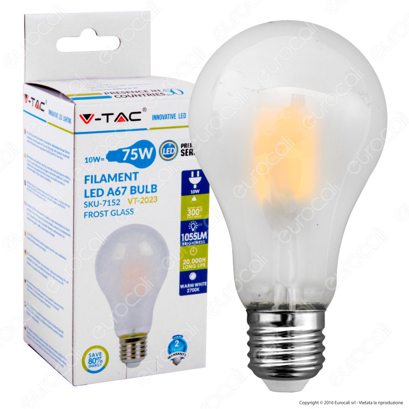 V-Tac VT-2023 Lampadina LED E27 10W Bulb A67 Frost Filamento