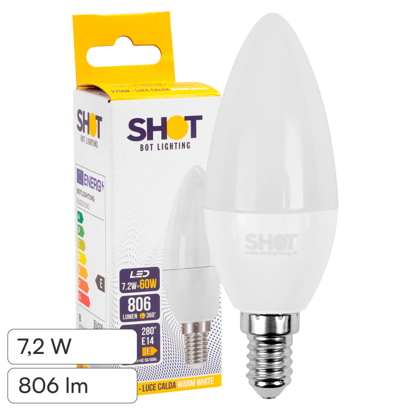 Bot Lighting Shot Lampadina LED E27 7,2W Candela C38 SMD Bot Lighting Shot Lampadina LED E27 7,2W Candela C38 SMD