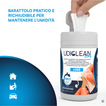 Udiclean Roll-Up Dispenser Pulizia Apparecchi Acustici 100 Salviette
