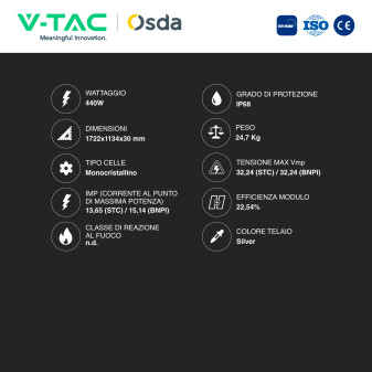 Pannelli Fotovoltaici 440W STC 488W BNPI TOPCon IP68 V-Tac Austa Osda