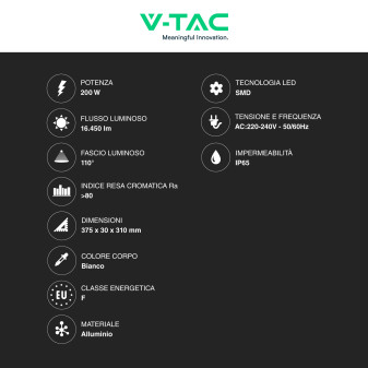 Faro LED 200W SMD IP65 Colore Bianco V-Tac VT-44208