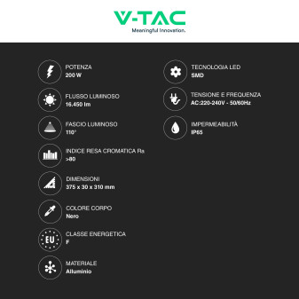 Faro LED 200W SMD IP65 Colore Nero V-Tac VT-44208