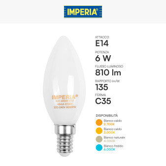 Lampadina LED E14 6W Candela C35 Filament in Vetro Bianco Imperia