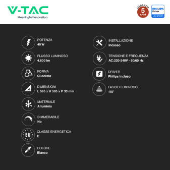 10 Pannelli LED Quadrati 40W SMD con Driver Philips V-Tac