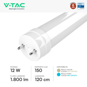 Tubo LED T8 G13 12W SMD CREE Nano-Plastic 120cm con Starter V-Tac