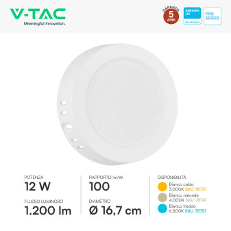 V-Tac Pro VT-60012 Mini Pannello LED Rotondo 12W SMD Chip Samsung