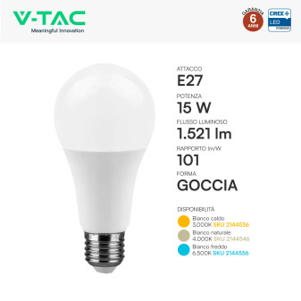 V-Tac Lampadina LED E27 15W Goccia A60 SMD Opaca