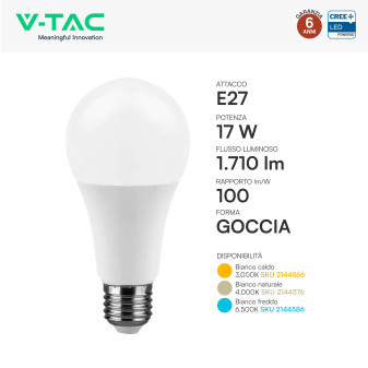 V-Tac Lampadina LED E27 17W Goccia A60 SMD Opaca