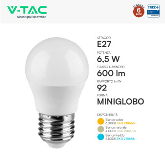 V-Tac VT-270 Lampadina LED E14 6,5W MiniGlobo G45 SMD Chip CREE