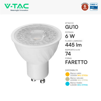 V-Tac VT-247 Lampadina LED GU10 6W Faretto PAR16 Chip CREE
