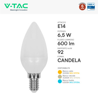 V-Tac Lampadina LED E14 6,5W Candela C37 SMD Opaca