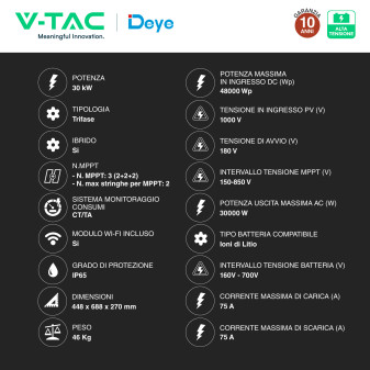 V-Tac Deye Inverter Trifase On-Grid / Off-Grid 30kW IP65