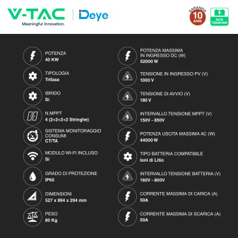 V-Tac Deye Inverter Trifase On-Grid / Off-Grid 40kW IP65 CEI 0-21 CEI 0-16