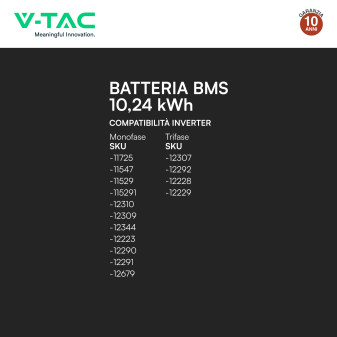 V-Tac Batteria BMS LiFePO4 51,2V 200Ah 10,24kWh per Inverter CEI 0-21