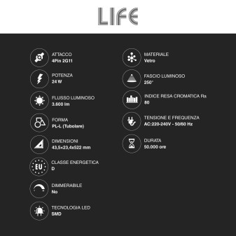 Life Lampadina LED 2G11 4 Pin 24W Tubolare PL-L SMD in Vetro
