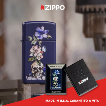 Accendino Slim Zippo mod. 46813 Skull and Flowers Design