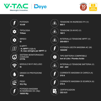 V-Tac Deye Inverter Trifase On-Grid / Off-Grid 10kW IP65
