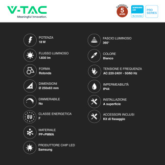 V-Tac Pro VT-8618 Plafoniera LED Rotonda 18W SMD Chip Samsung IP44