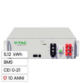 V-Tac Batteria BMS LiFePO4 51,2V 100Ah 5,12kWh Garanzia 10 Anni