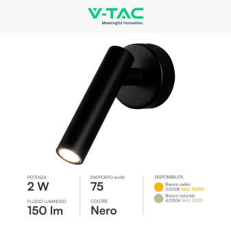 V-Tac VT-412-M Lampada LED da Muro Rotonda 2W SMD  Nera